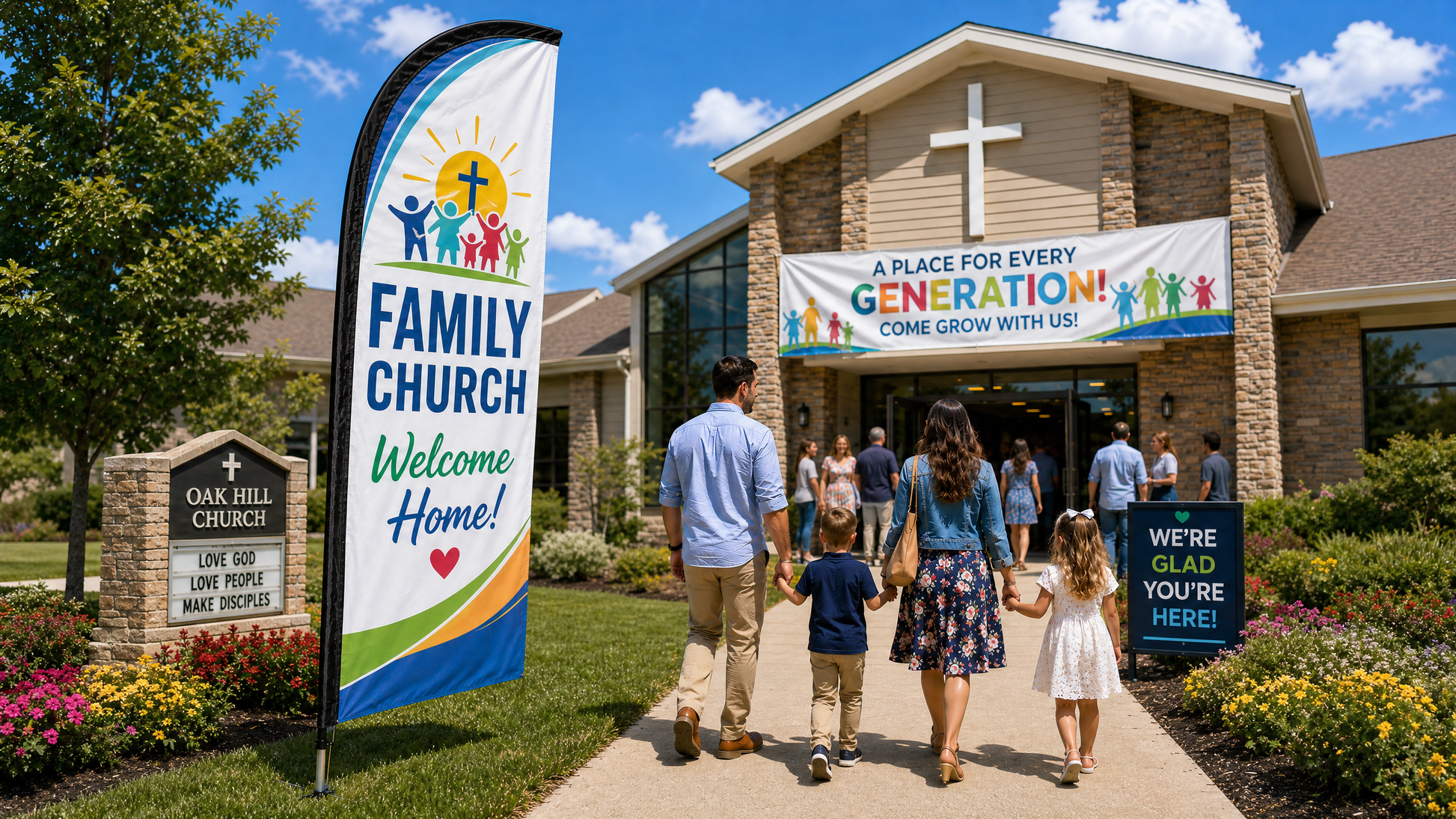 Family Church Experience feather flag in a vibrant outdoor setting
