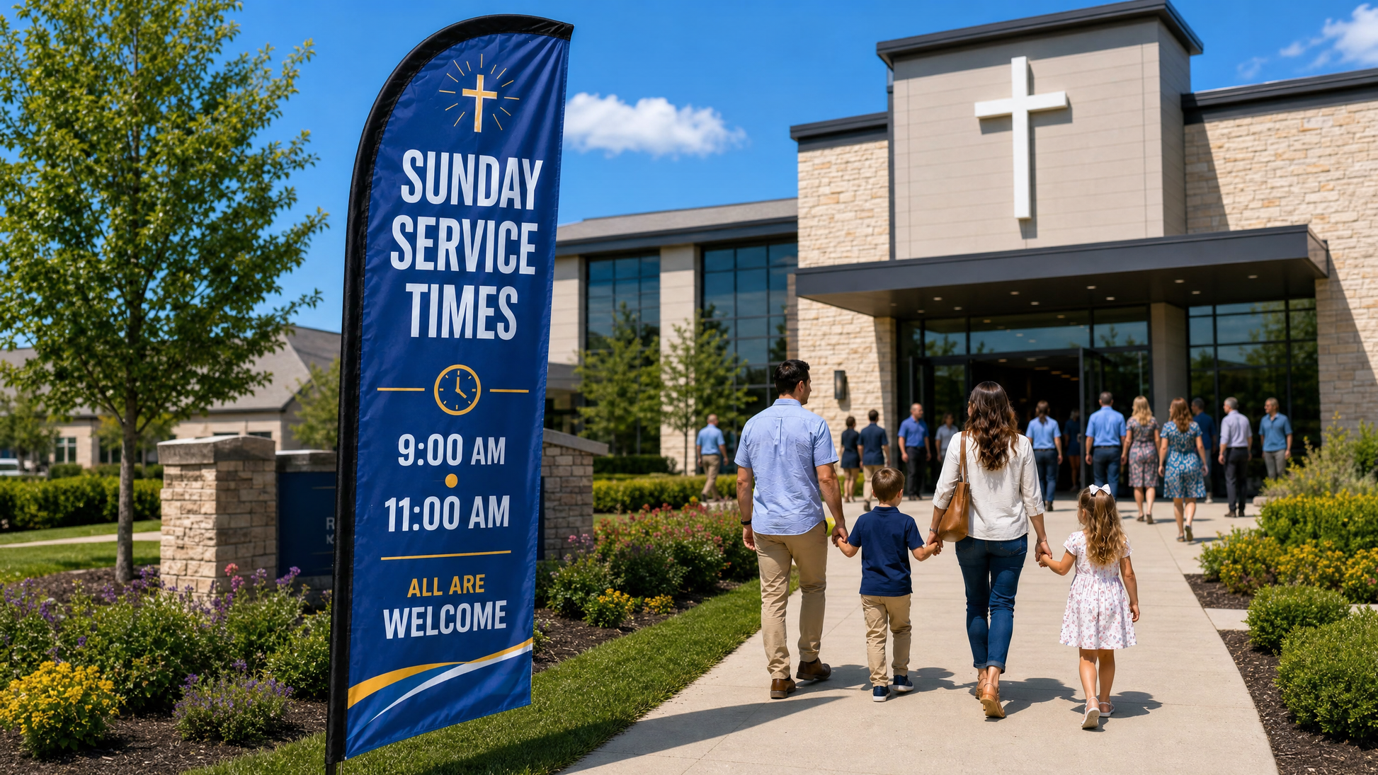 Sunday Service Times church feather flag with 9 AM and 11 AM schedule near a busy church parking walkway - Case Study 2
