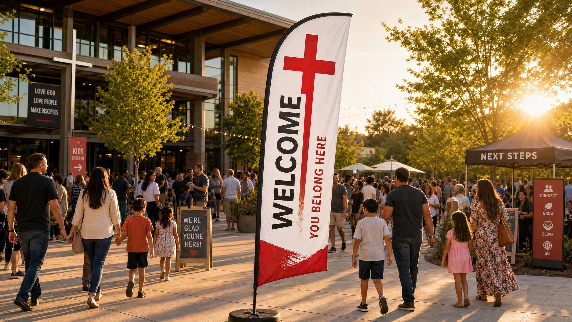 Case study of Red Cross Church Feather Flag in a church plaza