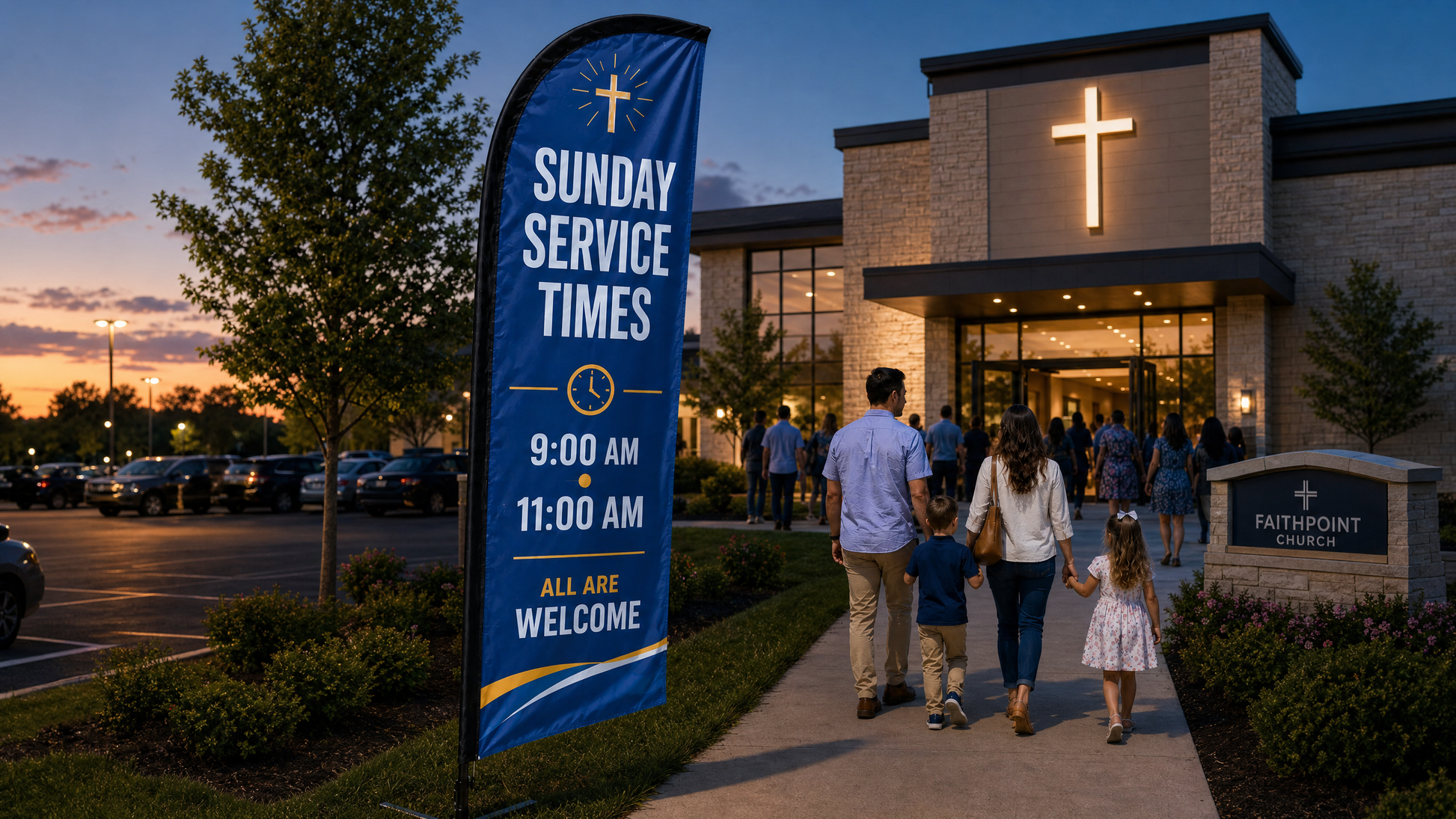 Sunday Service Times church feather flag with 9 AM and 11 AM schedule near a busy church parking walkway - Case Study 3
