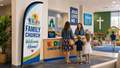 Family Church Experience feather flag near a kids ministry check-in area