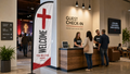 Case study of Red Cross Church Feather Flag at a guest check-in area