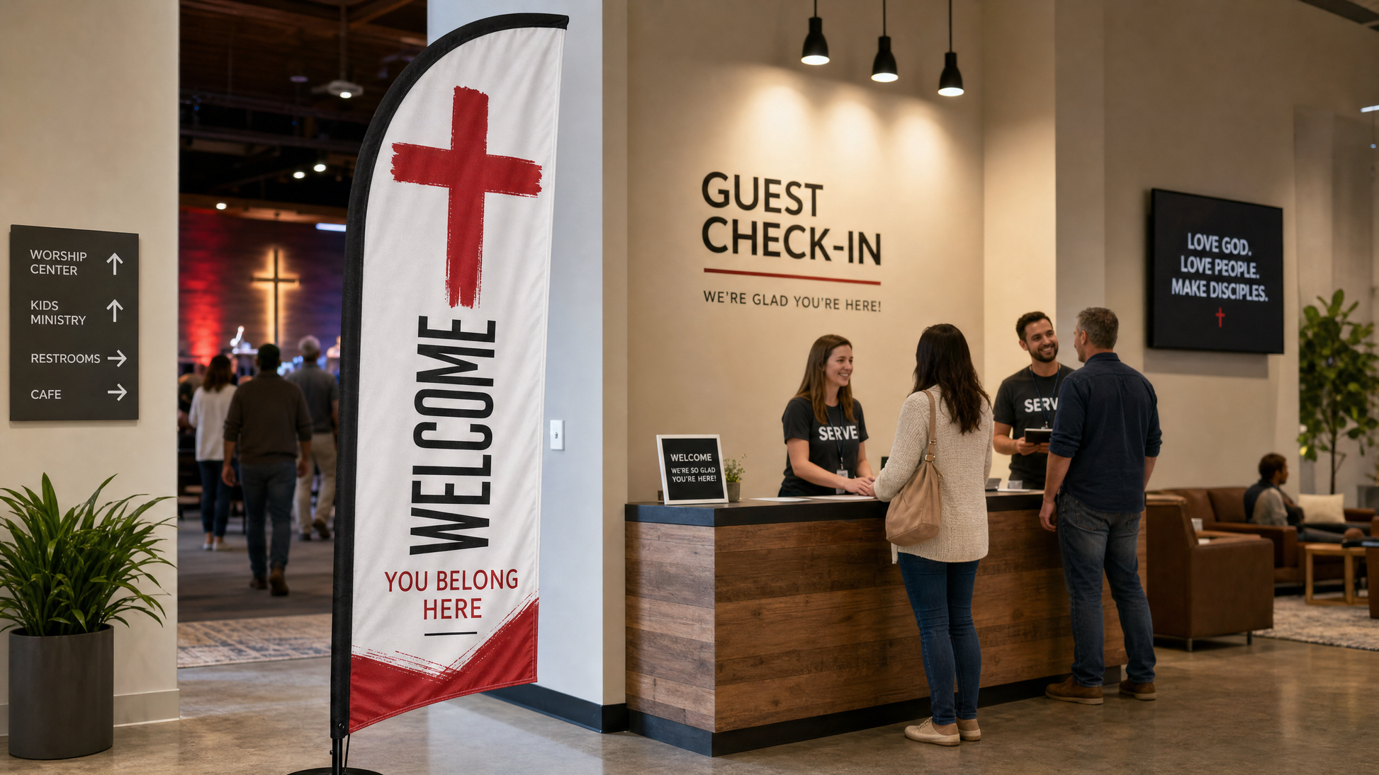 Case study of Red Cross Church Feather Flag at a guest check-in area