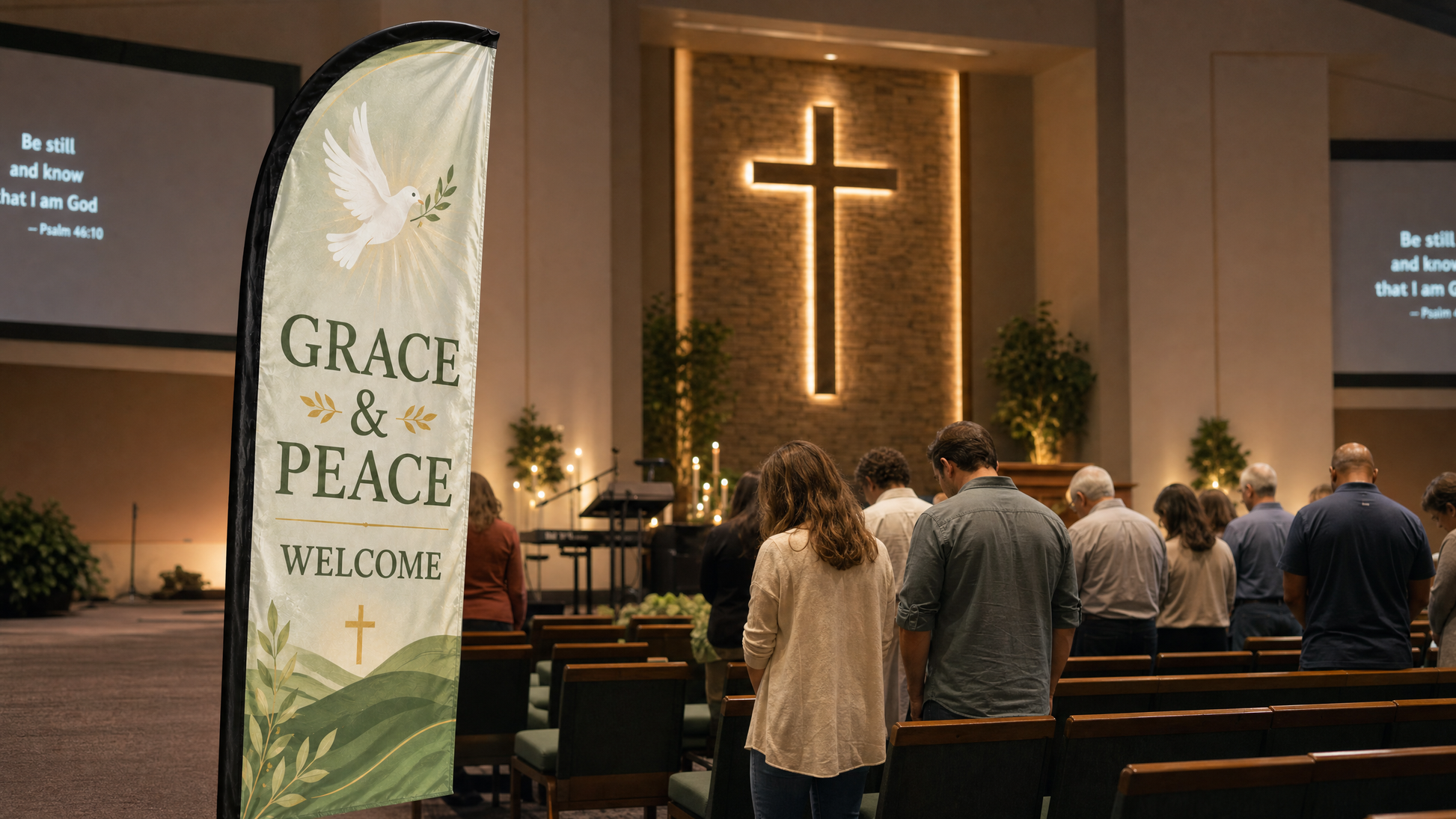 Case study 3: Grace and Peace church feather flag with dove design near a peaceful church garden entrance