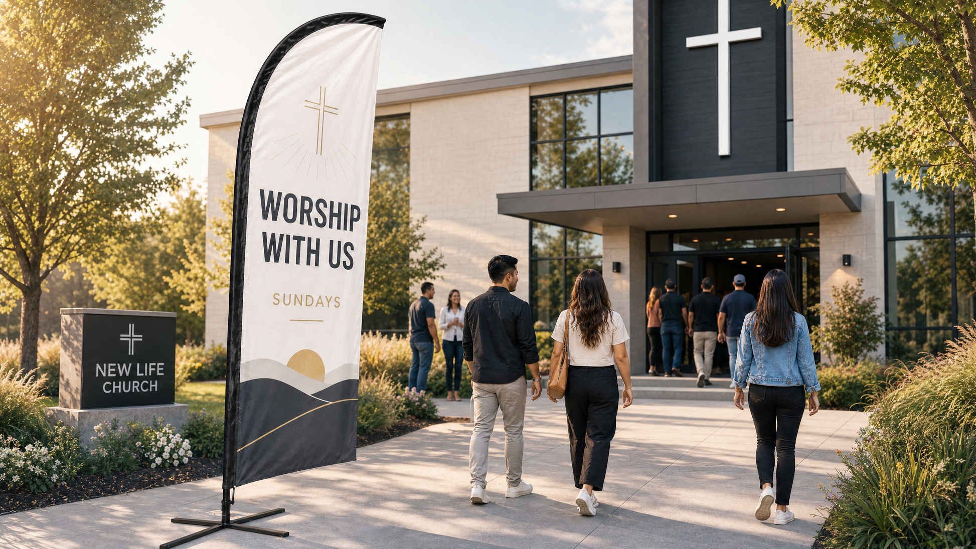 Modern Worship With Us church feather flag case study 1