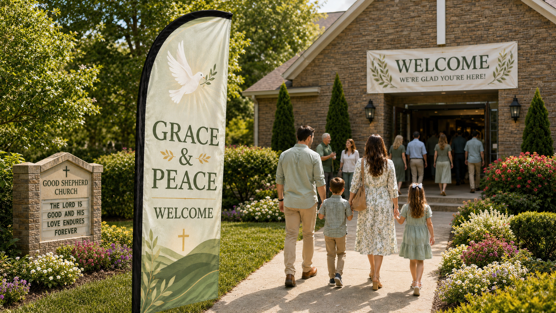 Grace and Peace church feather flag with dove design near a peaceful church garden entrance