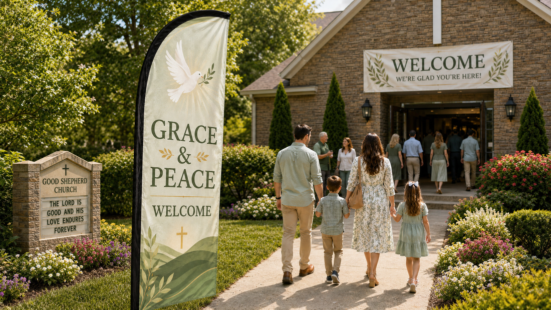 Grace and Peace church feather flag with dove design near a peaceful church garden entrance