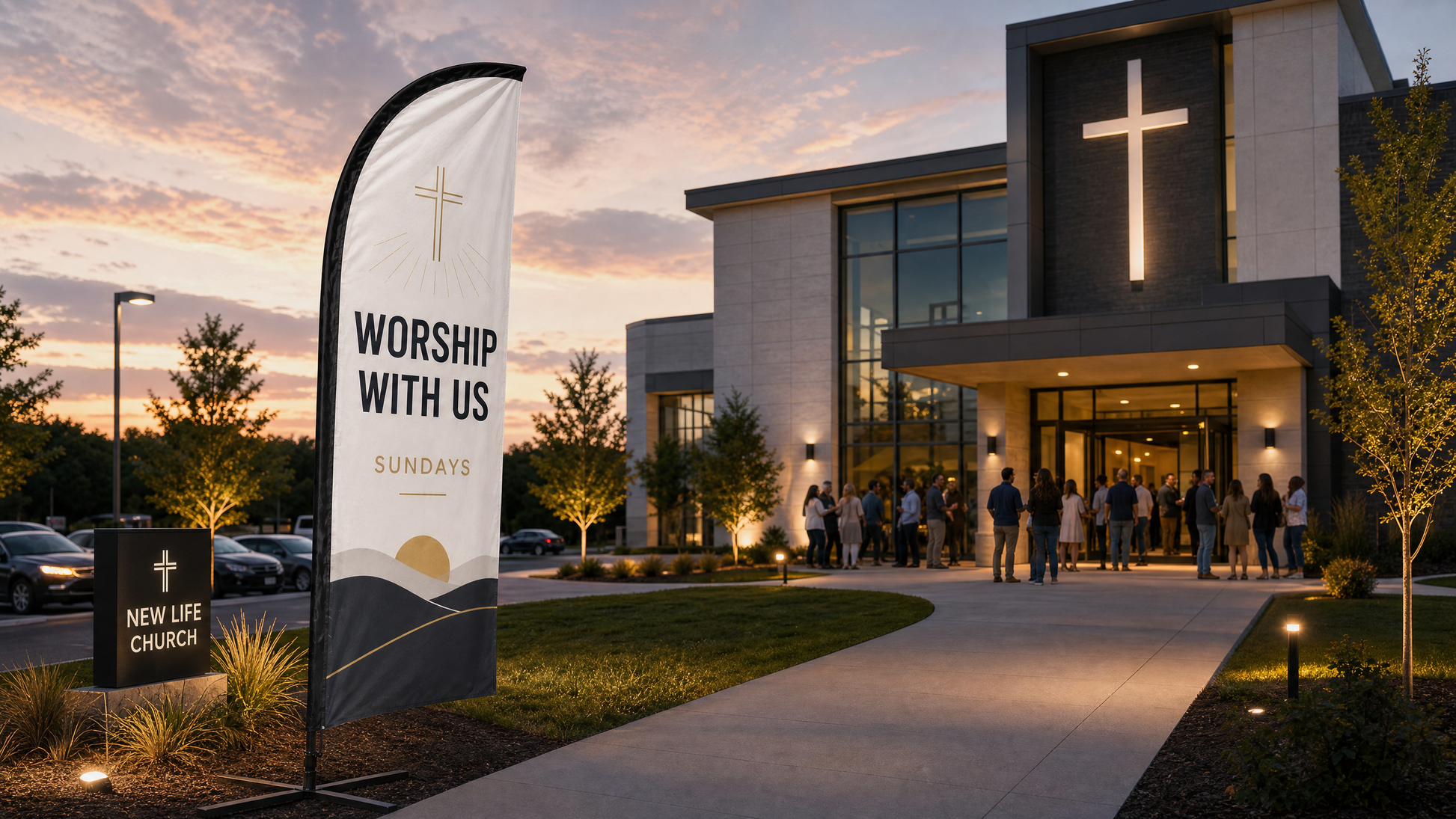 Modern Worship With Us church feather flag case study 2