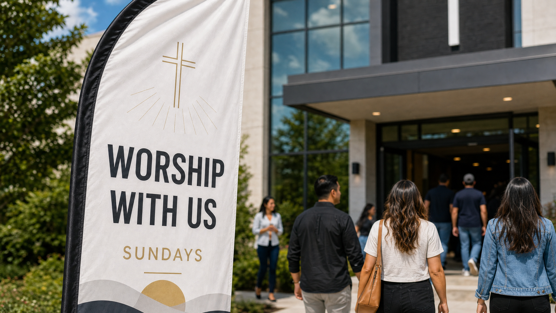 Modern Worship With Us church feather flag case study 3