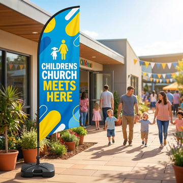 Childrens Church Meets Here Feather Flag