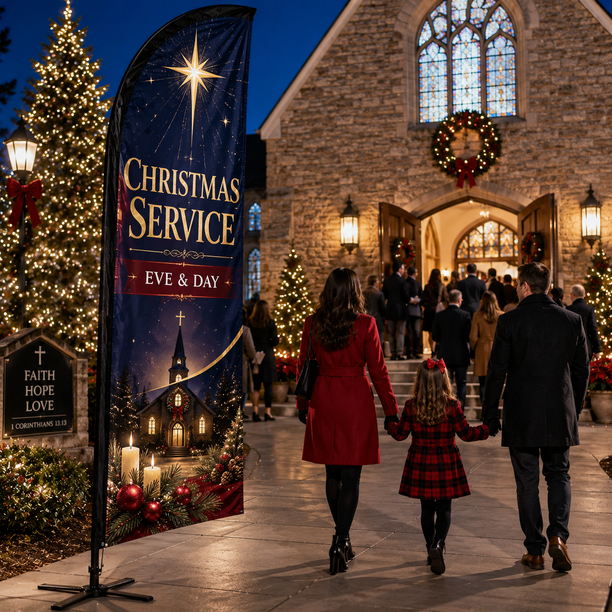 Christmas Service church feather flag on church plaza with Christmas Eve and Day worship entrance background