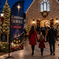 Christmas Service church feather flag on church plaza with Christmas Eve and Day worship entrance background