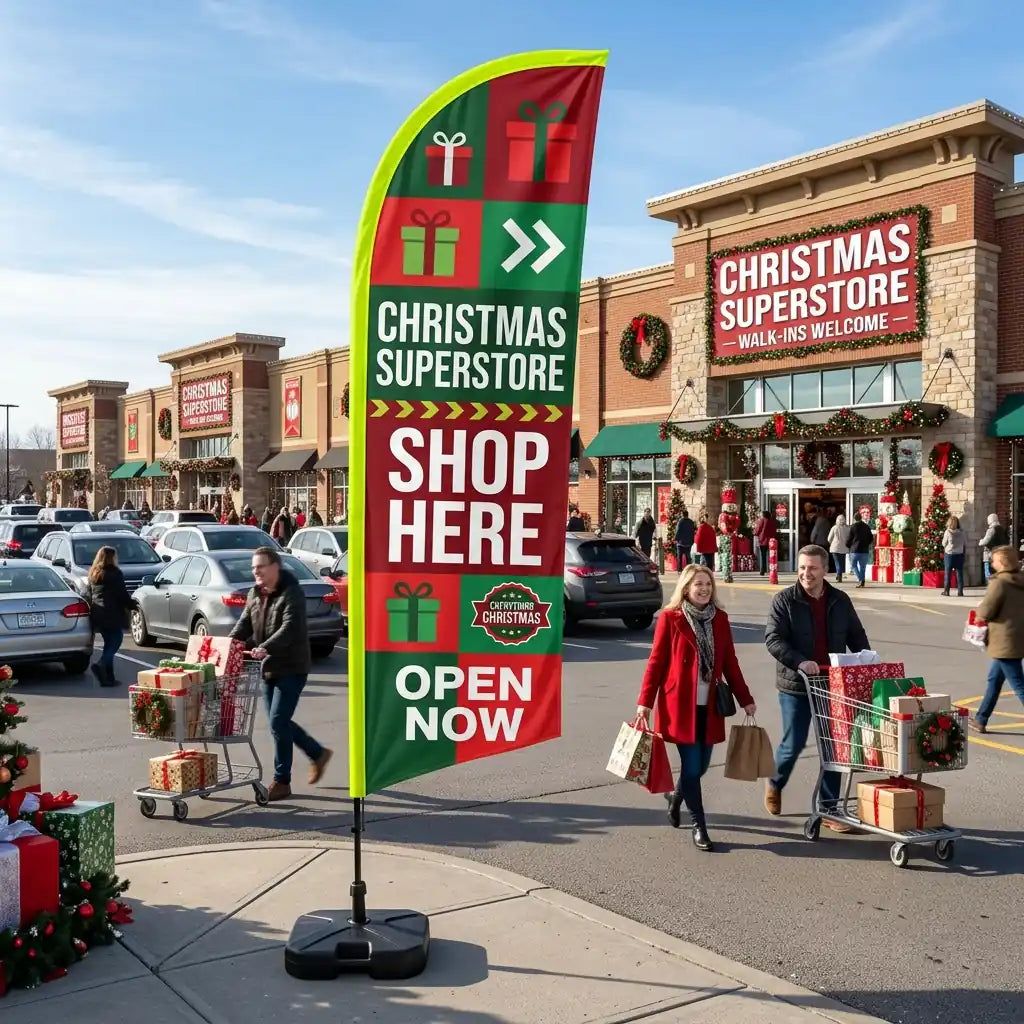 Christmas Superstore Shop Here Feather Flag