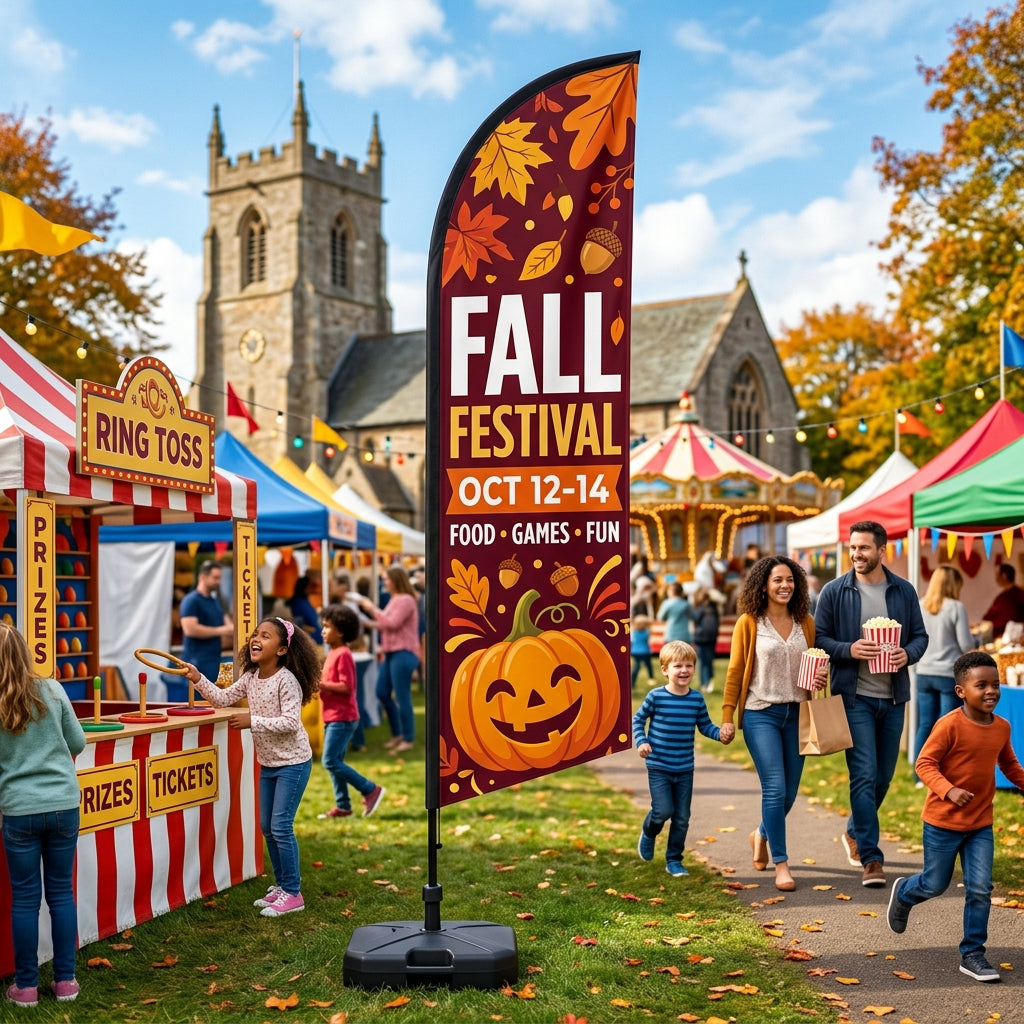 Vibrant orange Fall Festival church feather flag waving in front of an outdoor community carnival event.