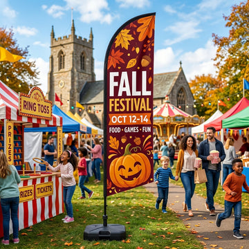 Vibrant orange Fall Festival church feather flag waving in front of an outdoor community carnival event.