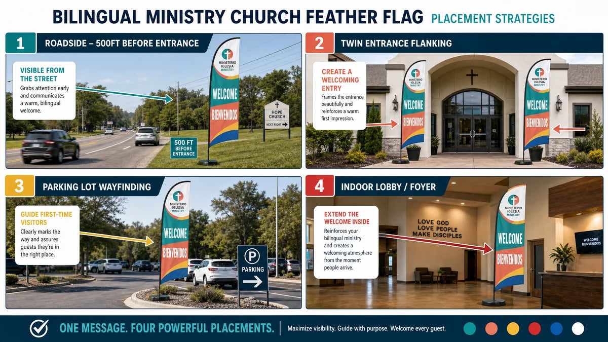 Infographic showing 4 placement strategies for Hispanic / Bilingual Ministry church feather flag