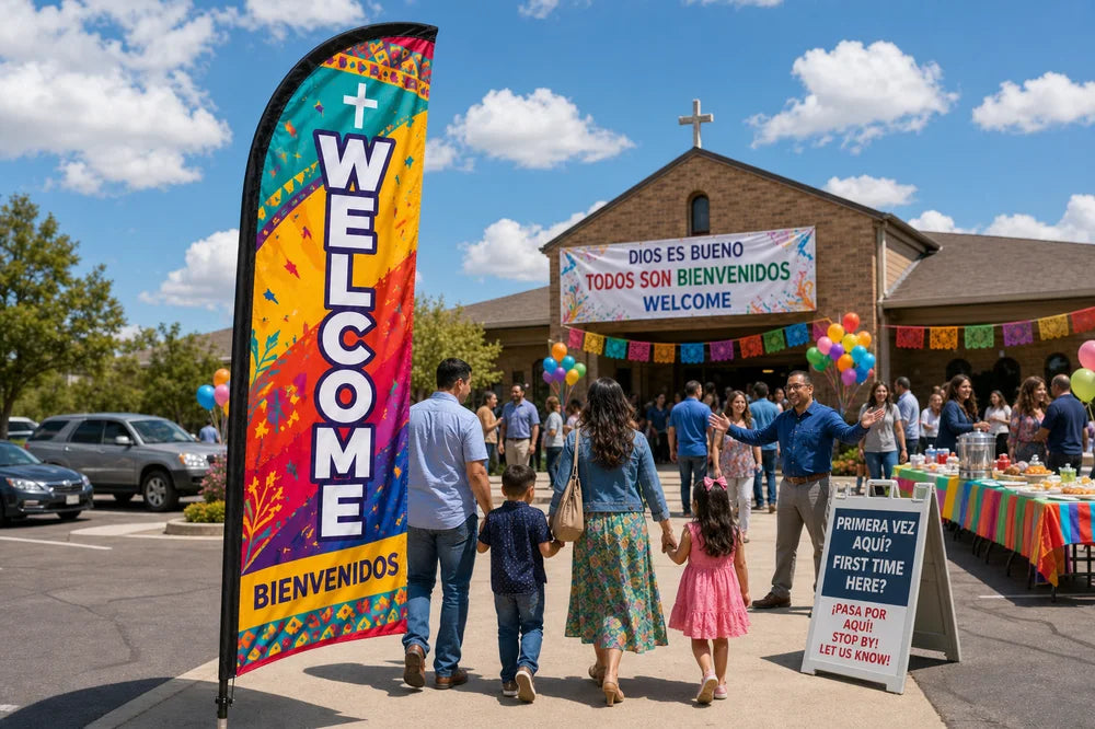 Hispanic / Bilingual Ministry church feather flag at parking lot entrance guiding first-time visitors