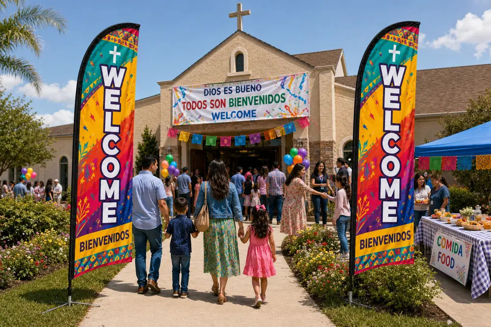Two Hispanic / Bilingual Ministry church feather flags flanking main entrance with greeters and families arriving