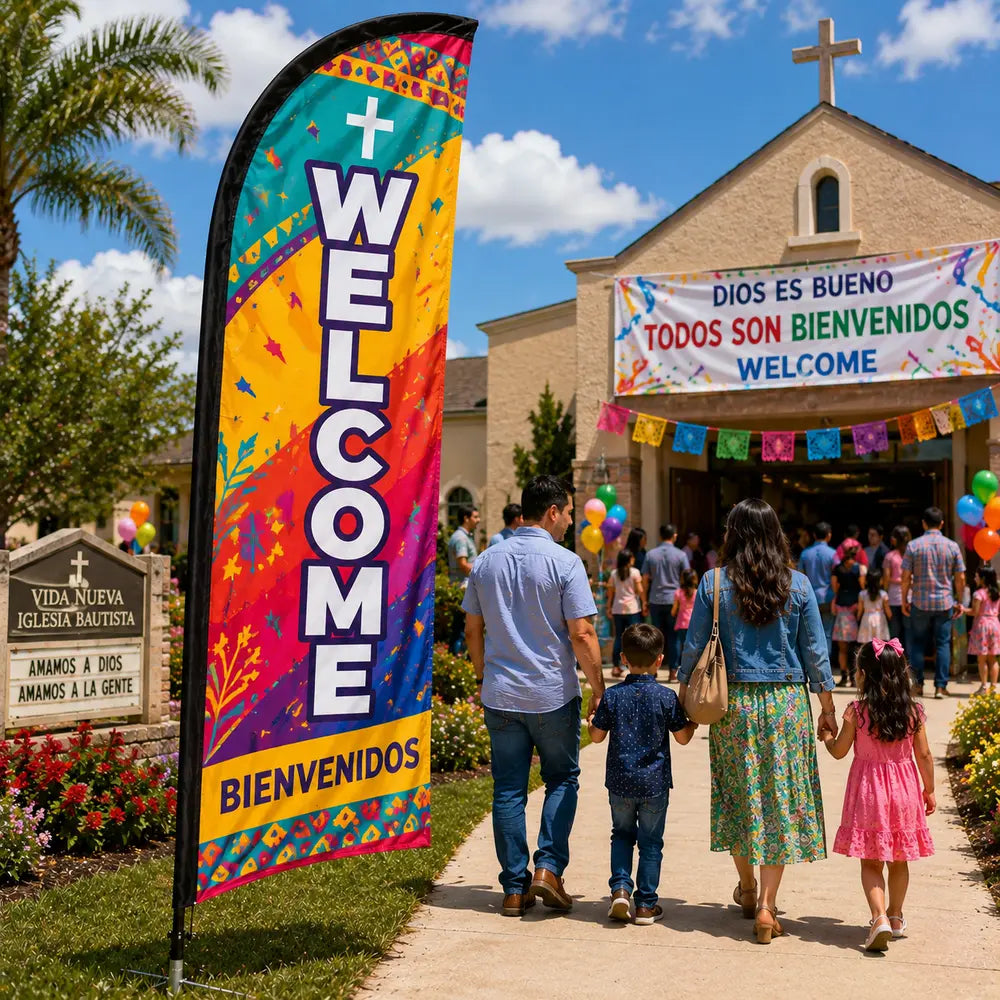 Bilingual church feather flag with WELCOME and BIENVENIDOS text outside a Hispanic ministry church event