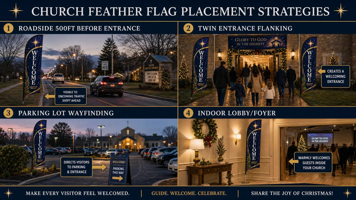 Infographic showing 4 placement strategies for Christmas Advent church feather flag
