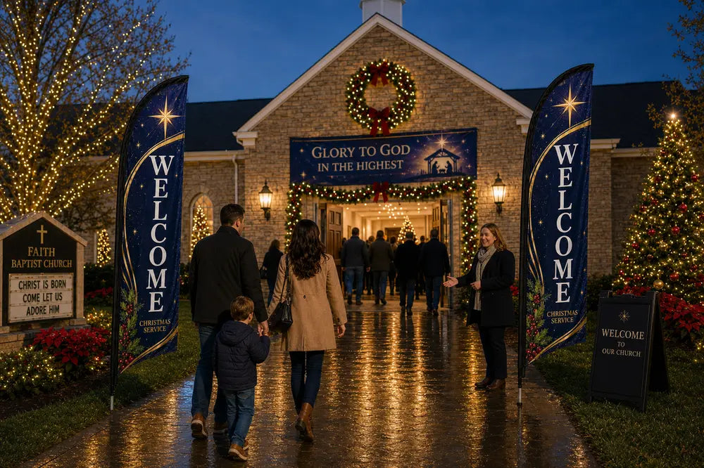 Two Christmas Advent church feather flags flanking main entrance with greeters and families arriving