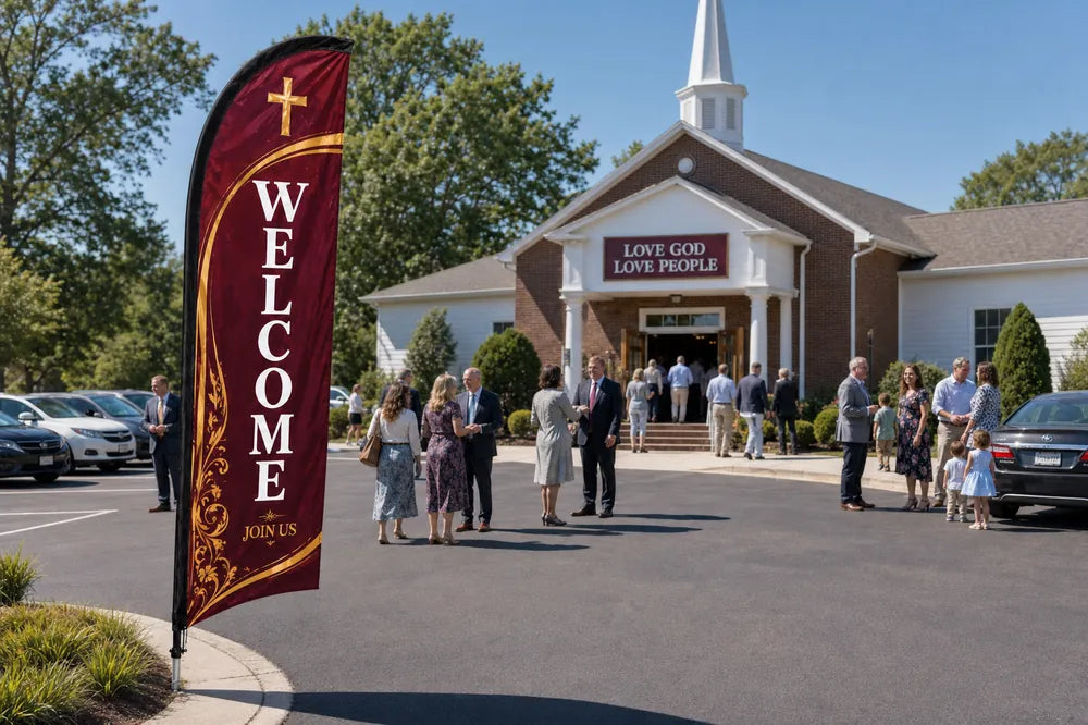 Classic Sunday Service church feather flag at parking lot entrance guiding first-time visitors