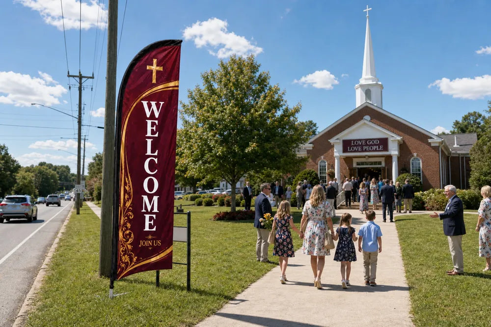 Classic burgundy and gold church feather flag with WELCOME text outside a busy Sunday church entrance