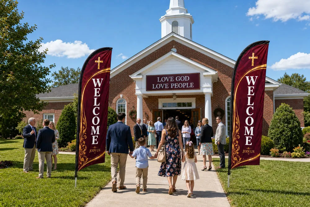 Two Classic Sunday Service church feather flags flanking main entrance with greeters and families arriving