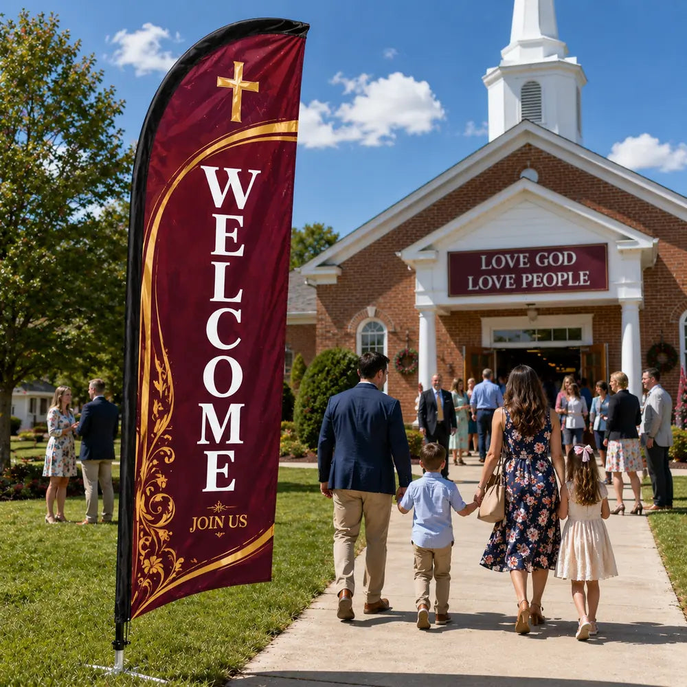 Classic burgundy and gold church feather flag with WELCOME text outside a busy Sunday church entrance