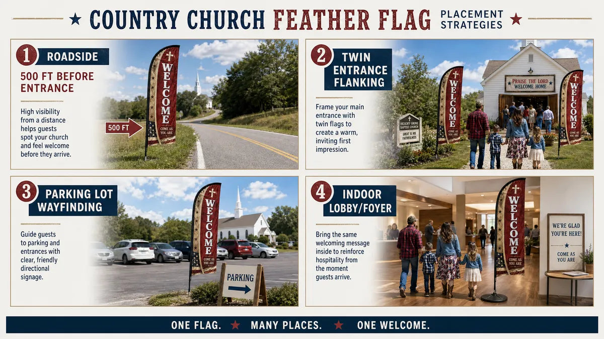 Infographic showing 4 placement strategies for Rural / Country Church church feather flag