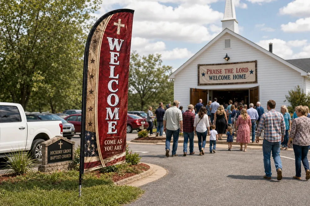 Rural / Country Church church feather flag at parking lot entrance guiding first-time visitors