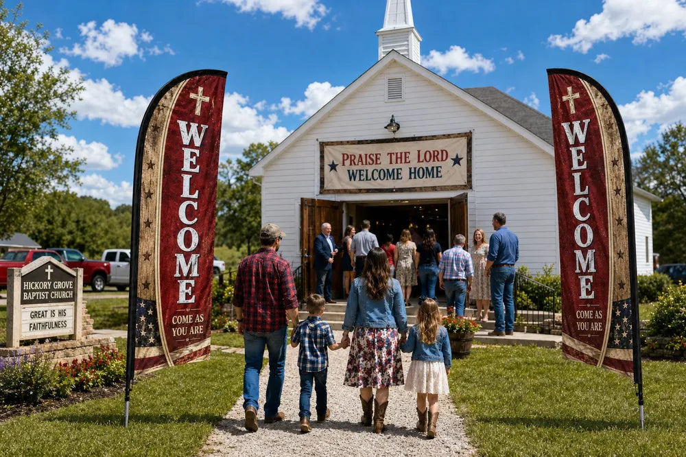 Two Rural / Country Church church feather flags flanking main entrance with greeters and families arriving