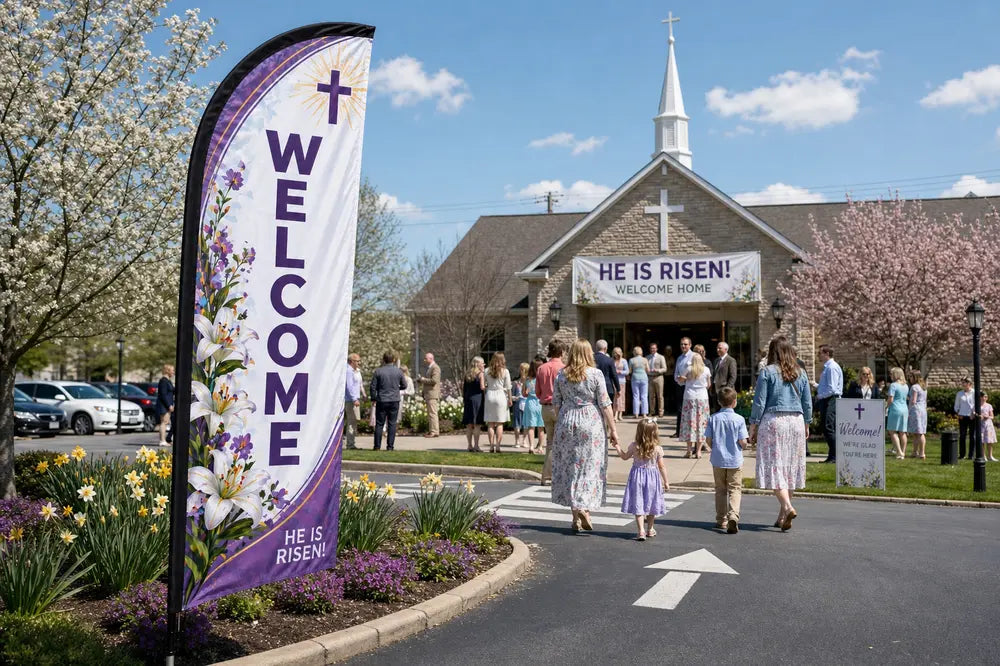 Easter / Spring church feather flag at parking lot entrance guiding first-time visitors