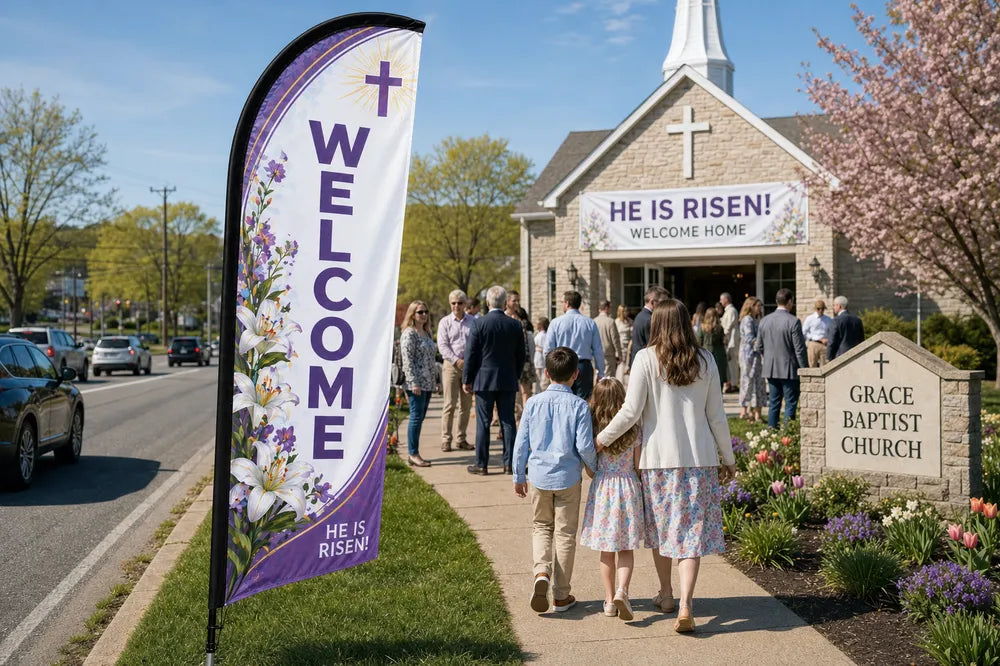 Church feather flag Easter / Spring placed roadside 500ft before entrance visible to Sunday traffic