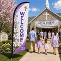 Lavender Easter church feather flag with WELCOME text, lilies, and cross outside a spring church service