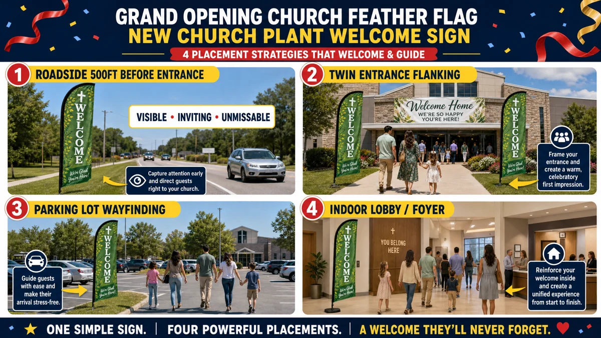 Infographic showing 4 placement strategies for Grand Opening / New Church Plant church feather flag