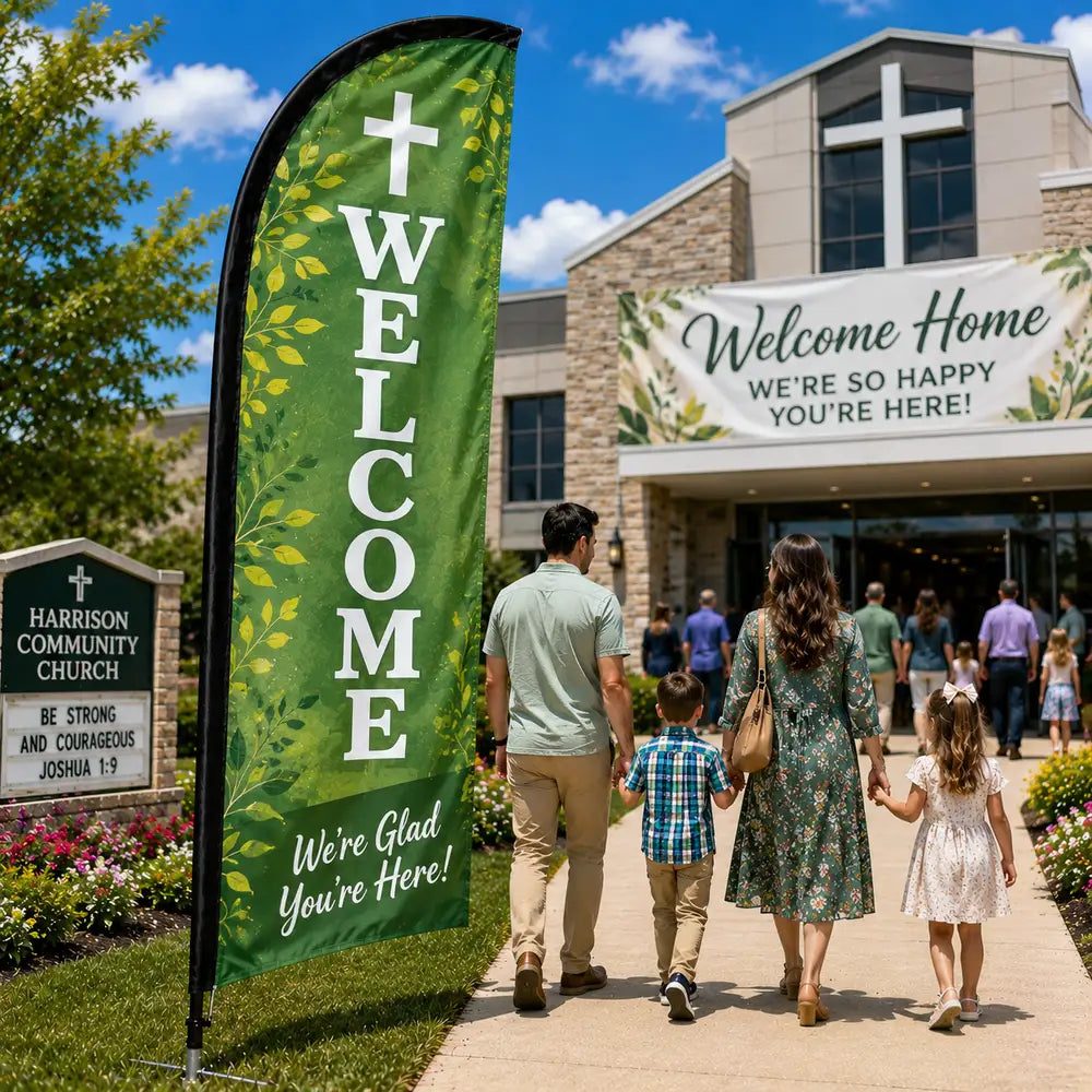 Bold red and yellow grand opening church feather flag with WELCOME text outside a new church plant launch event