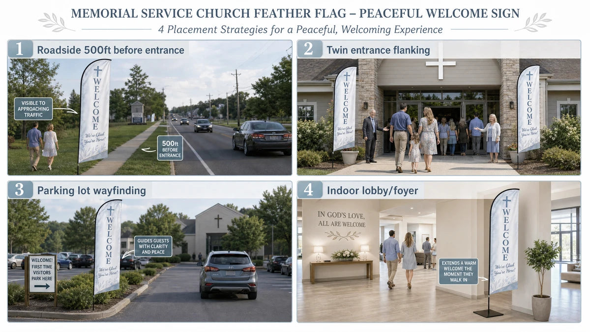Infographic showing 4 placement strategies for Memorial Service church feather flag