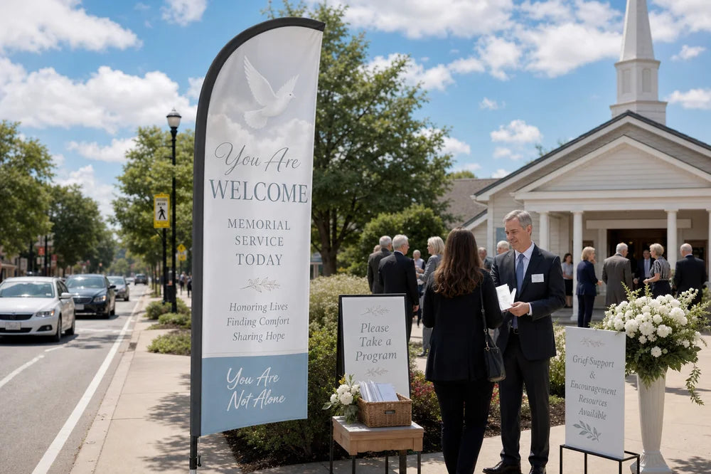 Church feather flag Memorial Service placed roadside 500ft before entrance visible to Sunday traffic
