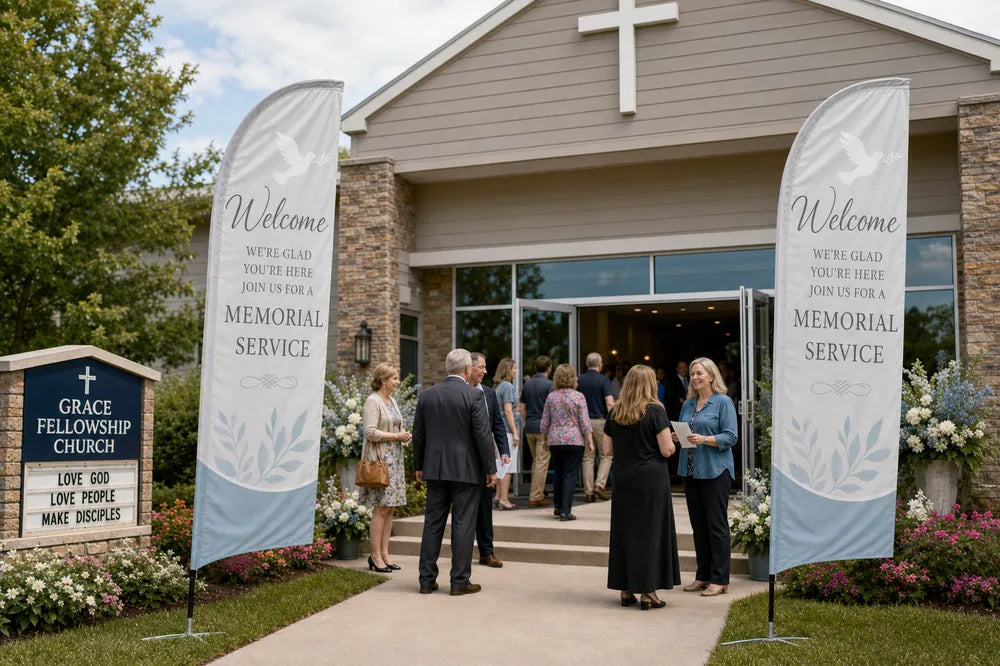 Two Memorial Service church feather flags flanking main entrance with greeters and families arriving