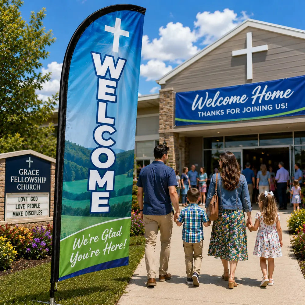 Soft silver memorial service church feather flag with WELCOME and YOU ARE WELCOME HERE text outside a peaceful church