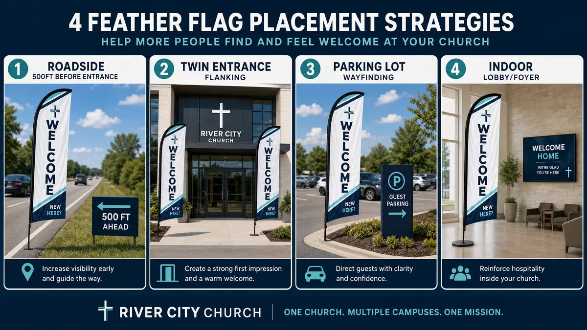 Infographic showing 4 placement strategies for Modern Multi-Campus church feather flag