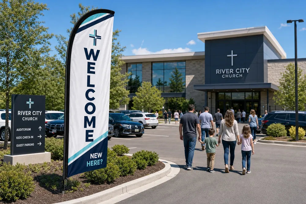 Modern Multi-Campus church feather flag at parking lot entrance guiding first-time visitors