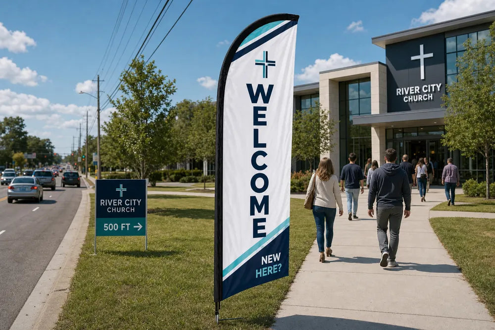 Church feather flag Modern Multi-Campus placed roadside 500ft before entrance visible to Sunday traffic