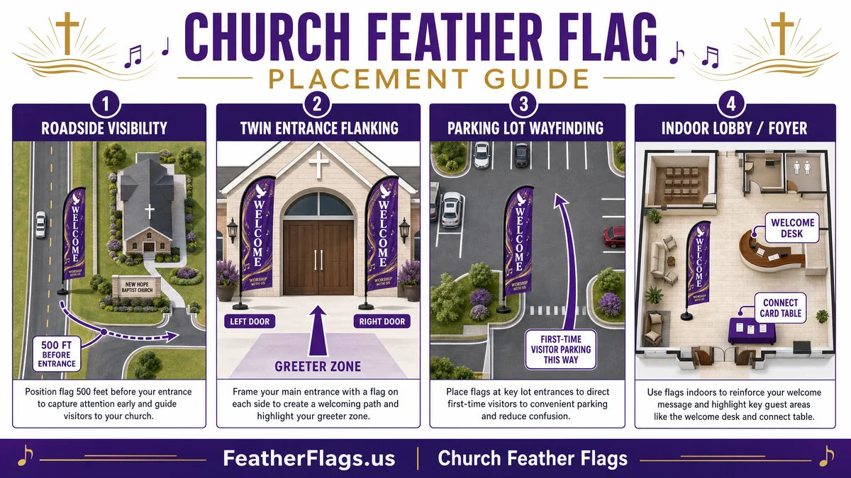 Infographic showing 4 placement strategies for praise and worship church feather flag