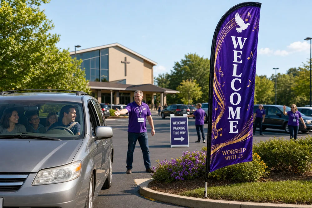 Praise and worship church feather flag at parking lot entrance guiding first-time visitors