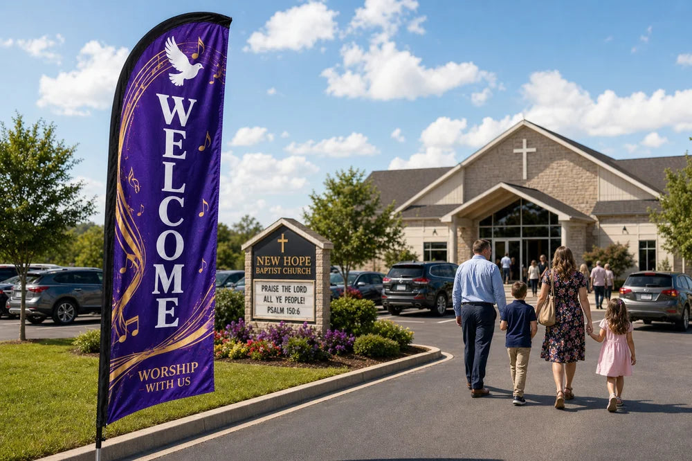 Praise and worship church feather flag placed roadside 500ft before entrance visible to Sunday traffic