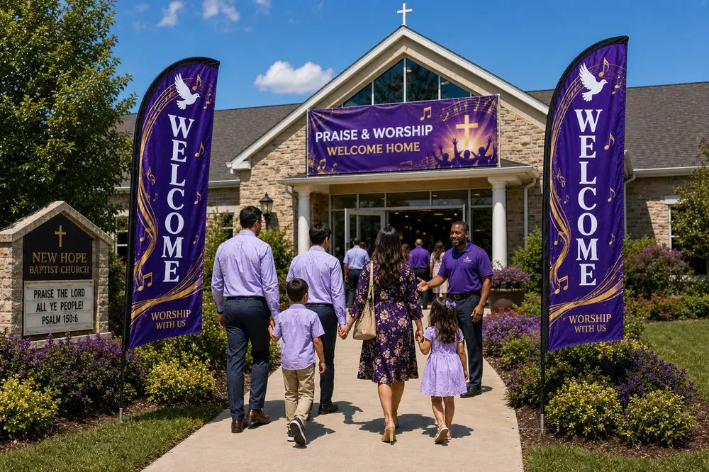 Two praise and worship church feather flags flanking main entrance with greeters and families arriving