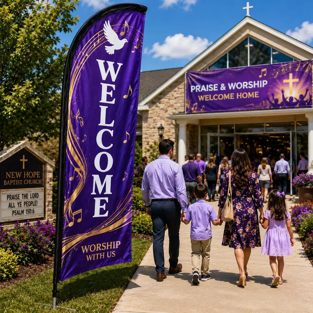 Praise and worship church feather flag with purple and gold design outside a contemporary church entrance