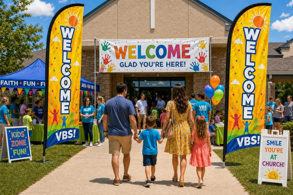 Two VBS / Summer church feather flags flanking main entrance with greeters and families arriving